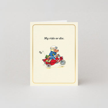 My Ride Or Die - Gold Foil - Mini Greetings Card by Richard Scarry
