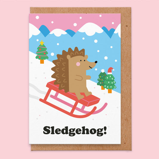 Christmas card with an illustration of a snowy mountain scene and a hedgehog on a sledge. It reads sledgehog!