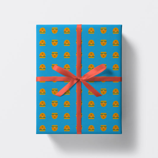 a square present wrapped in burger pattern wrapping paper by studio boketto
