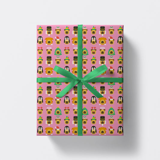 christmas present wrapped in dogs wearing christmas hats pattern wrapping paper by studio boketto