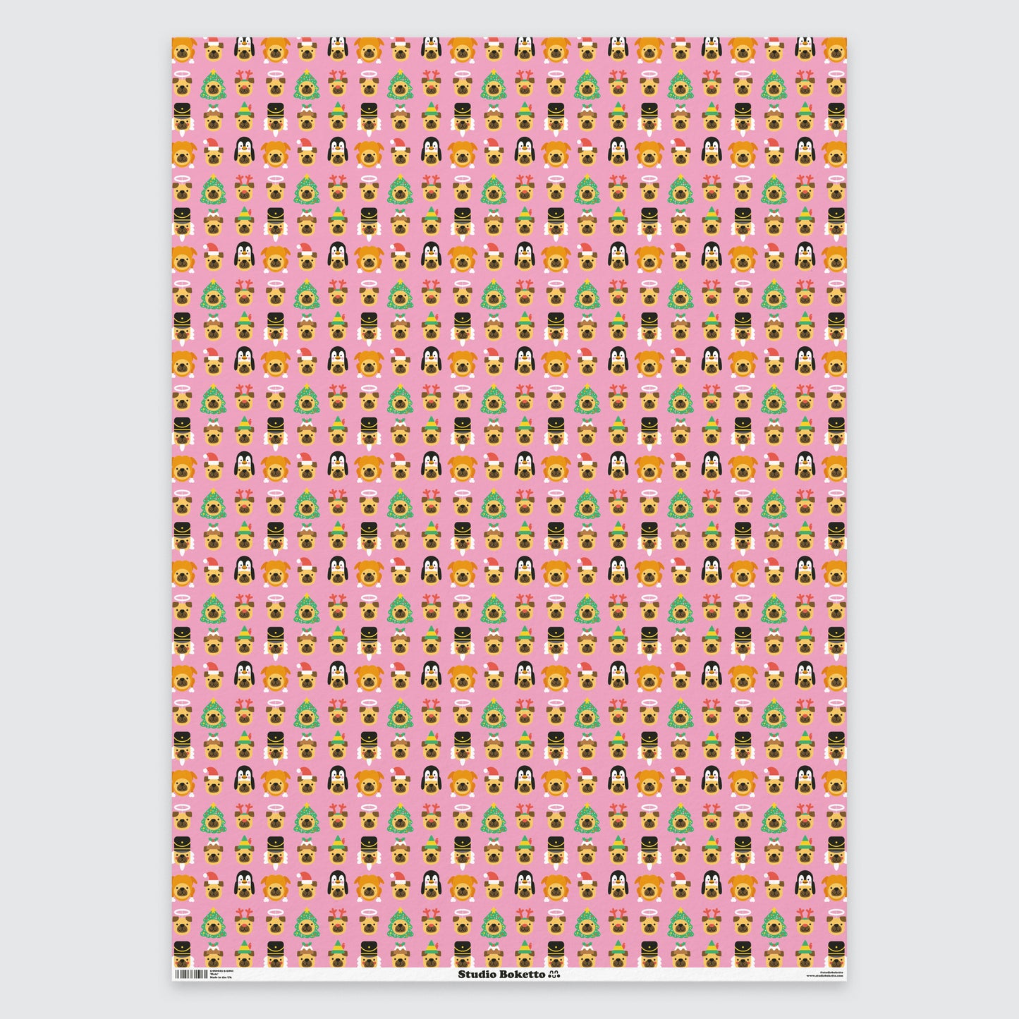 flat sheet of christmas wrapping paper with dogs wearing christmas hats design and pattern