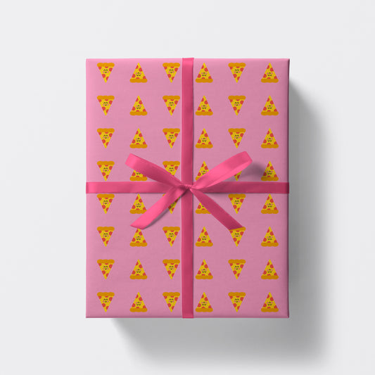 a square present wrapped in pizza pattern wrapping paper by studio boketto