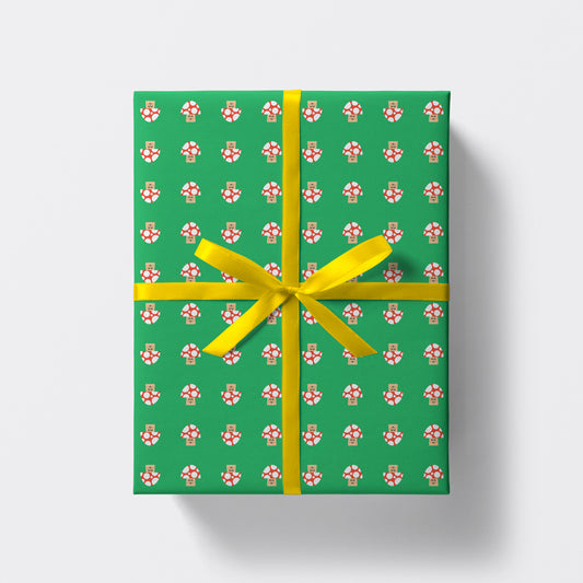 a square present wrapped in mushroom pattern wrapping paper by studio boketto.jpg