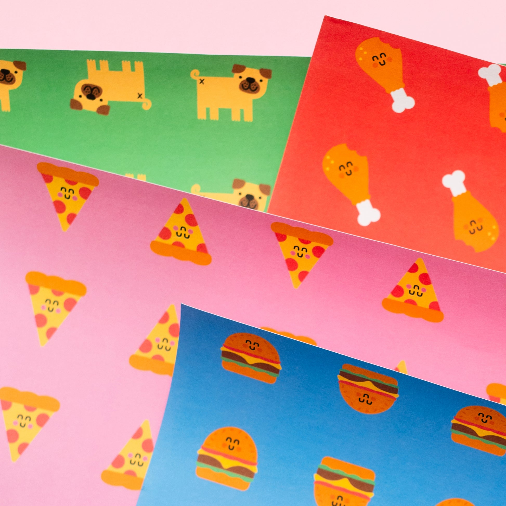 giftwrap with cute illustrations of dogs, fried chicken, pizza and burgers