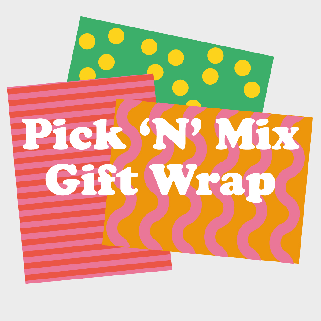 drawing of three sheets of wrapping paper with different patterns including striped, wavy and polka dot