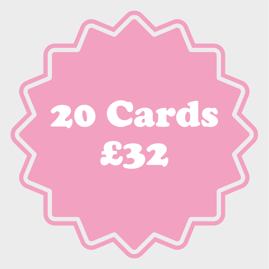 animation of pink label flashing with words 20 cards for £32