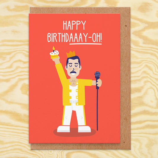 Birthday card that reads happy birthday-oh! The card is red and there is an illustration of pop icon wearing famous yellow jacket and white trousers.