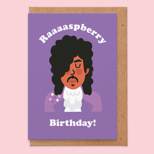 Birthday card featuring an illustration of purple singer and text that reads raaaaspberry birthday!