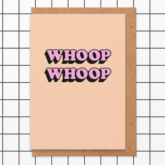 Congratulations card which has a peach background and whoop whoop on it which is pink.