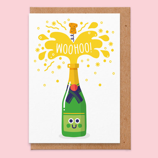 Celebration card with an illustration of a champagne bottle with the cork popping off and champagne flying out, in the champagne it says woohoo!