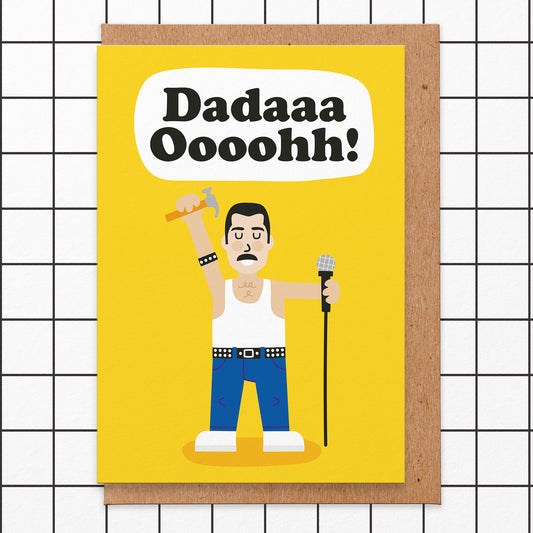 Father's Day card with an illustration of a rock legend holding a microphone and a hammer and reads Dadaaa Oooohh!