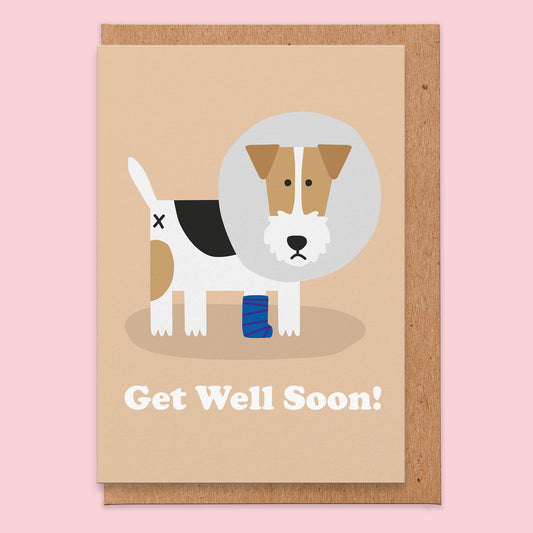 Get well soon card that reads Get Well Soon and has a picture of a wire fox terrier dog that has a recovery collar and bandage on.