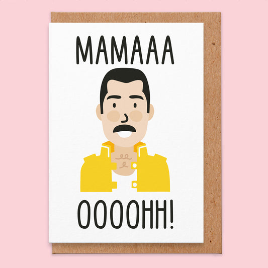 Greetings card that says Mamaaa Oooohh! and has an illustration of a rock star