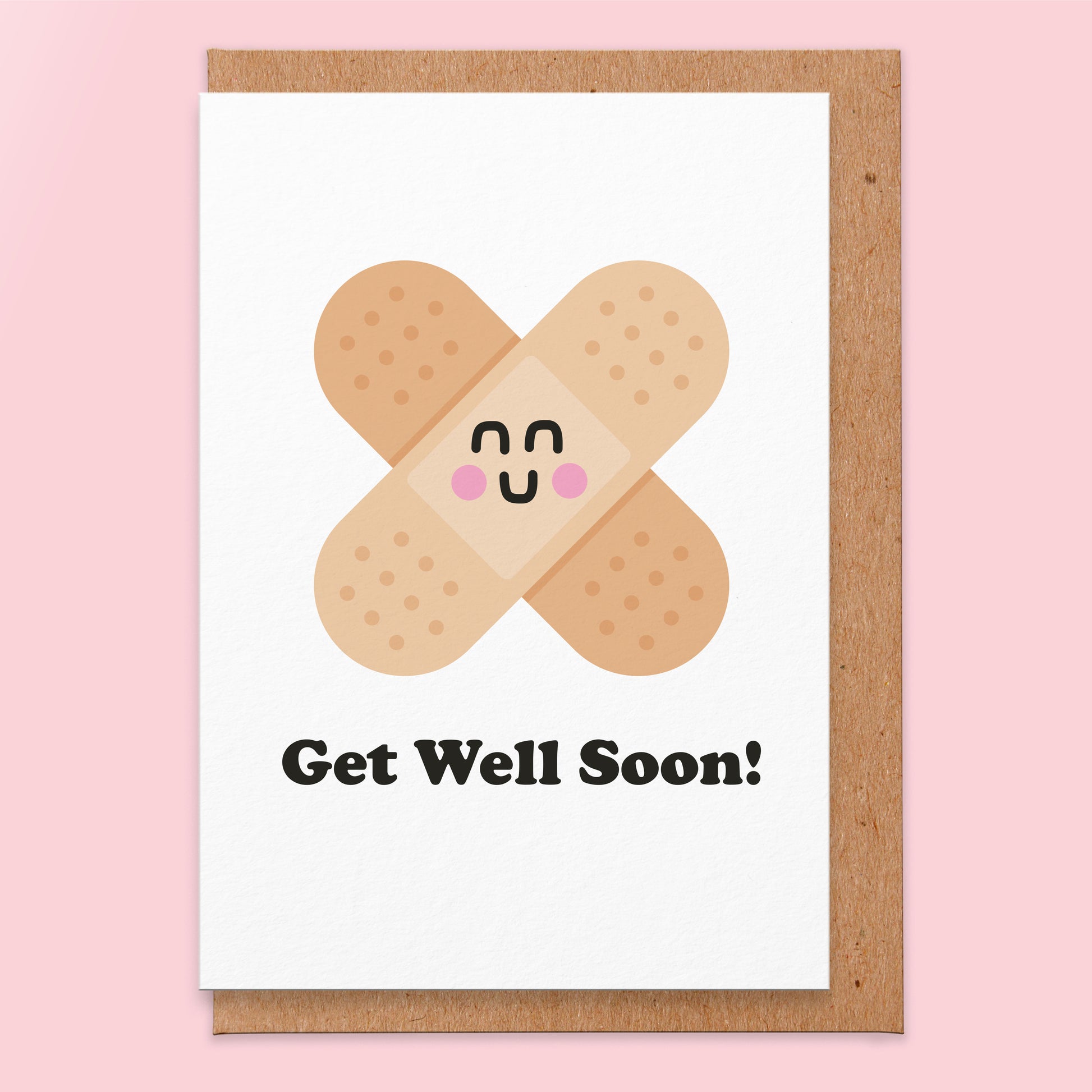 Get well soon card with an illustration of a plaster with a smiley face on .