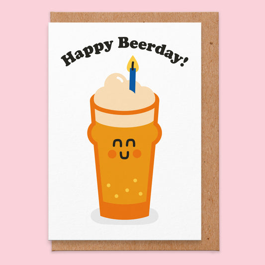 Birthday card that reads happy beer day and has an illustration of a pint of beer with a candle in.