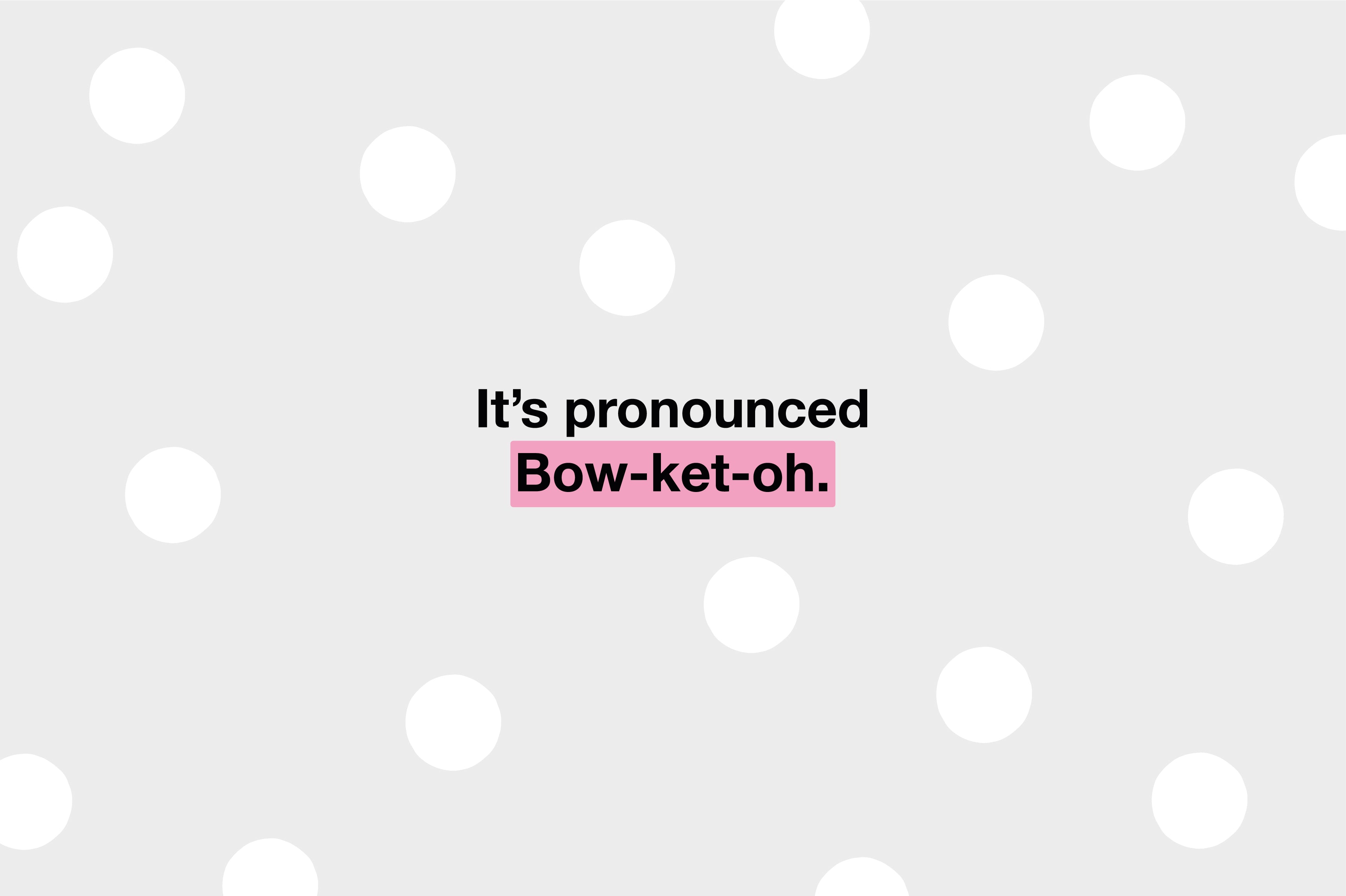 grey background with white polka dots with words saying, 'it's pronounced bow-ket-oh'