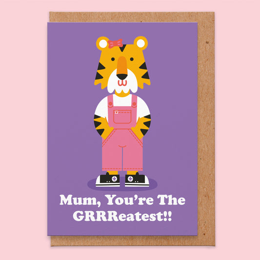 Mother's Day card with an illustration of a tiger in dungarees