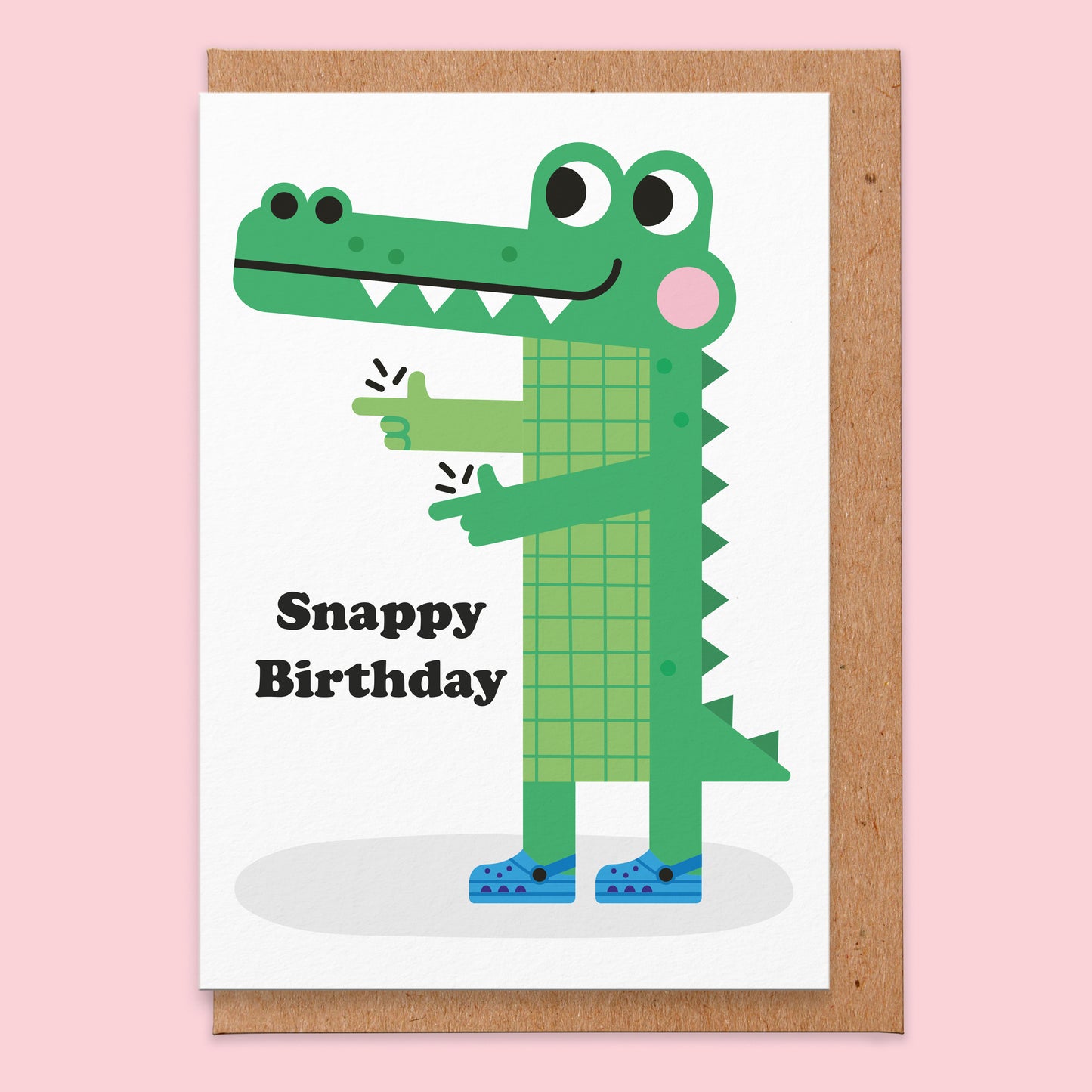 Birthday card that reads snappy birthday and has an illustration of a crocodile.