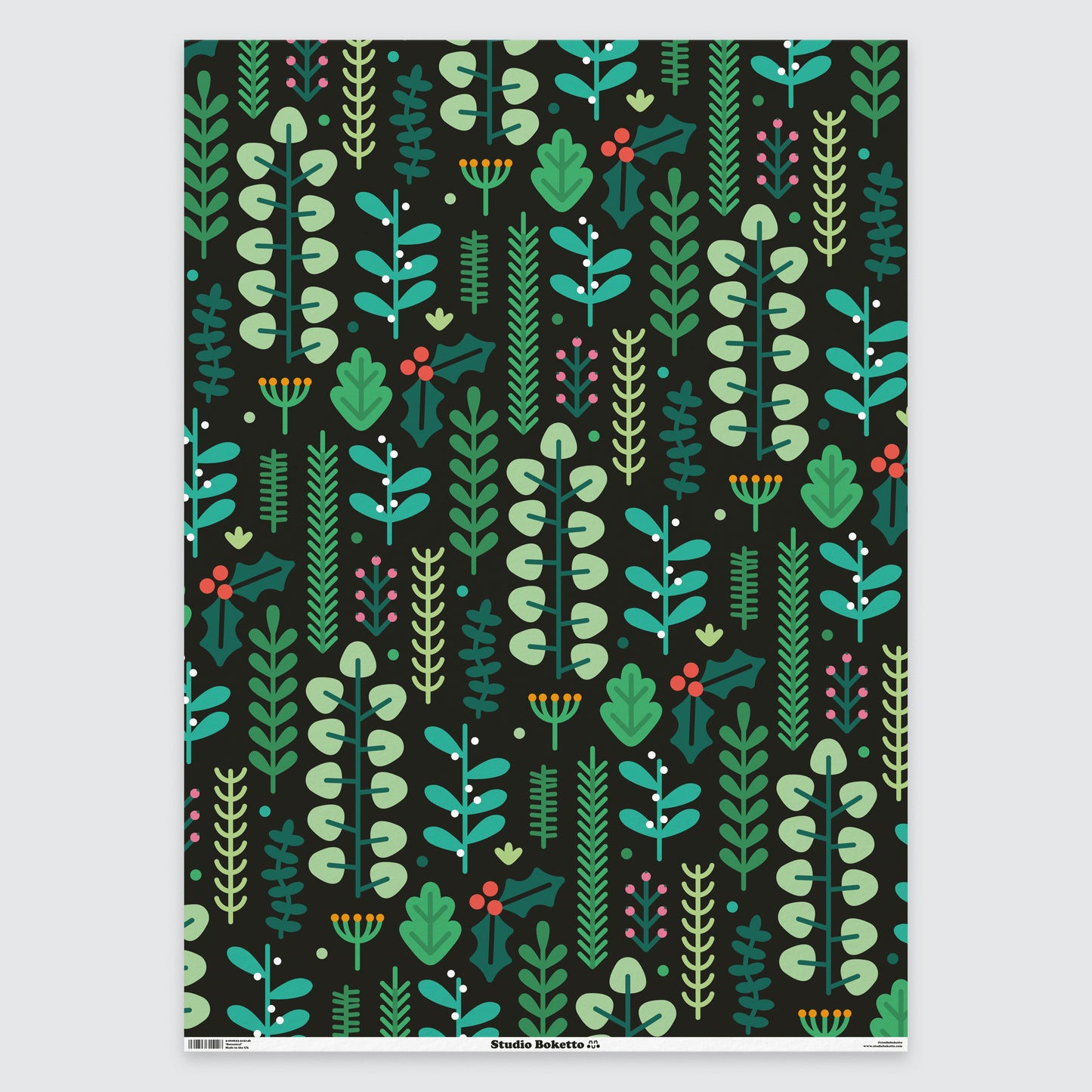 flat sheet of christmas wrapping paper with botanical design and pattern