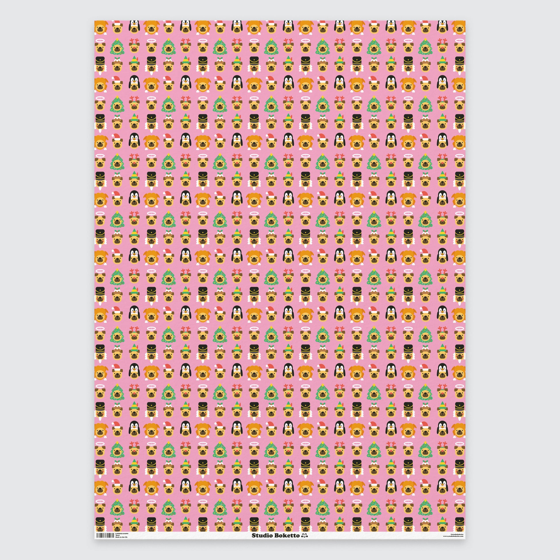 flat sheet of christmas wrapping paper with dogs wearing christmas hats design and pattern