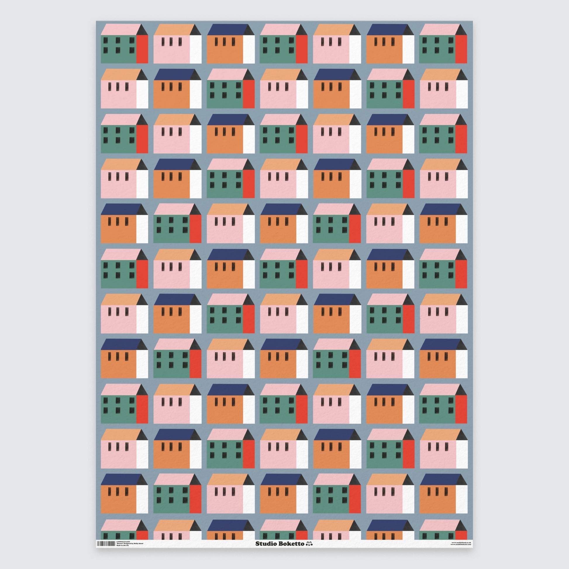 flat sheet of wrapping paper with houses design and pattern