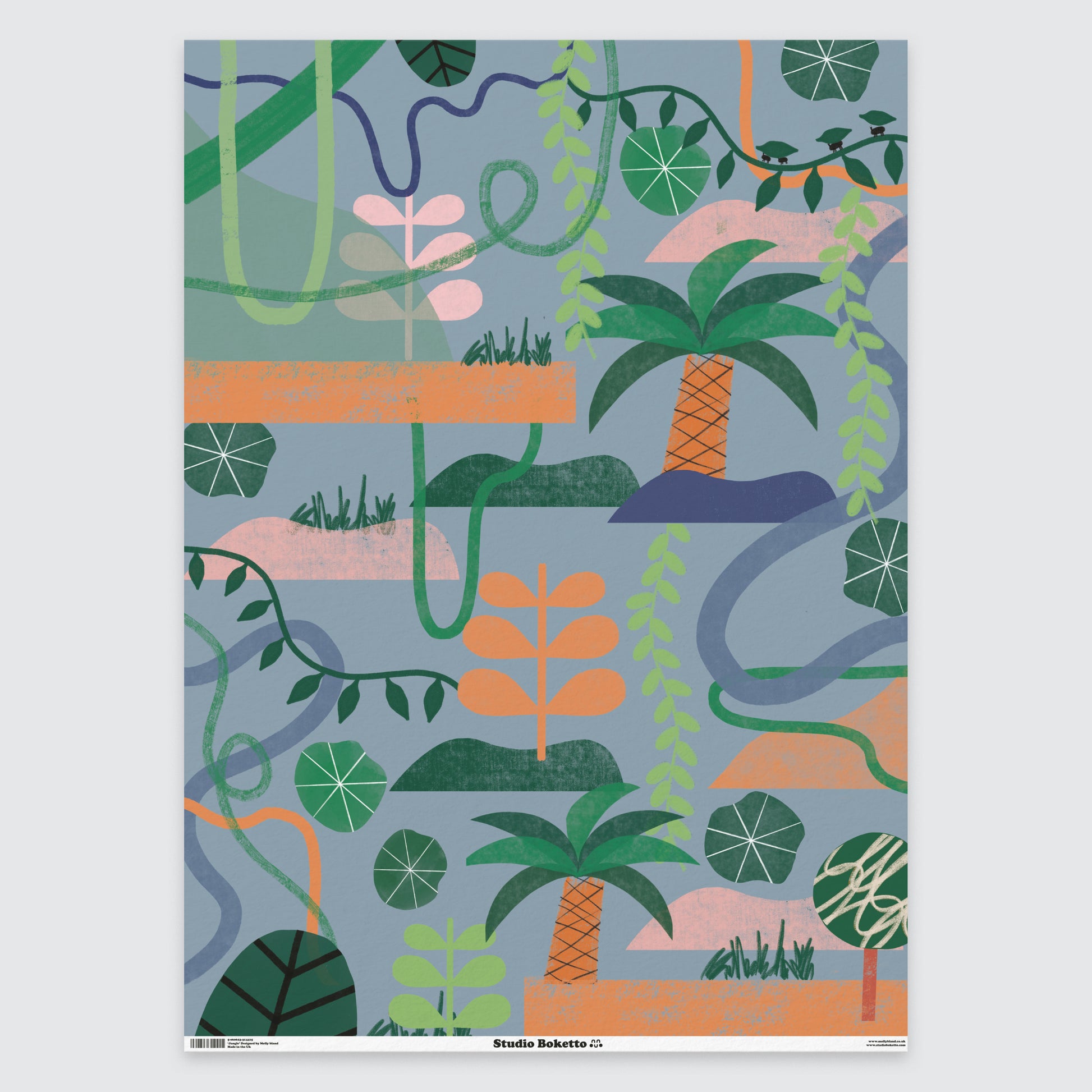 flat sheet of wrapping paper with jungle design and pattern
