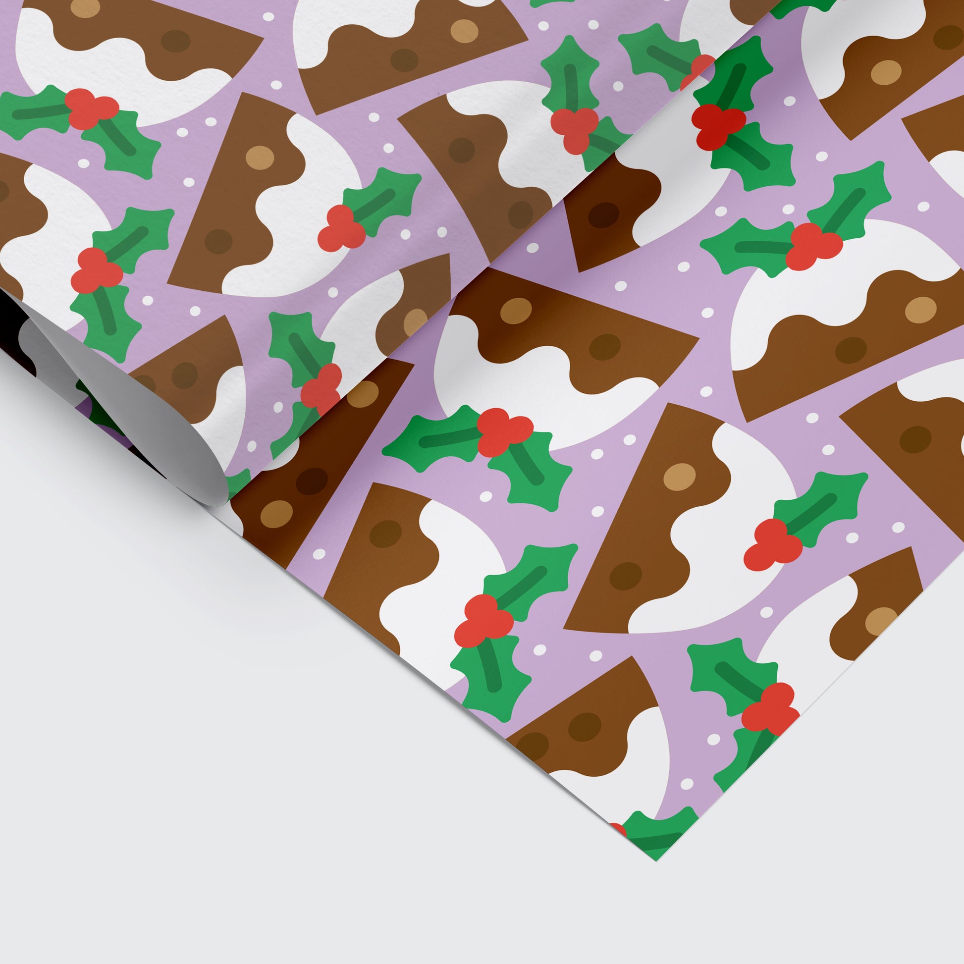 Christmas wrapping paper with christmas pudding pattern on it