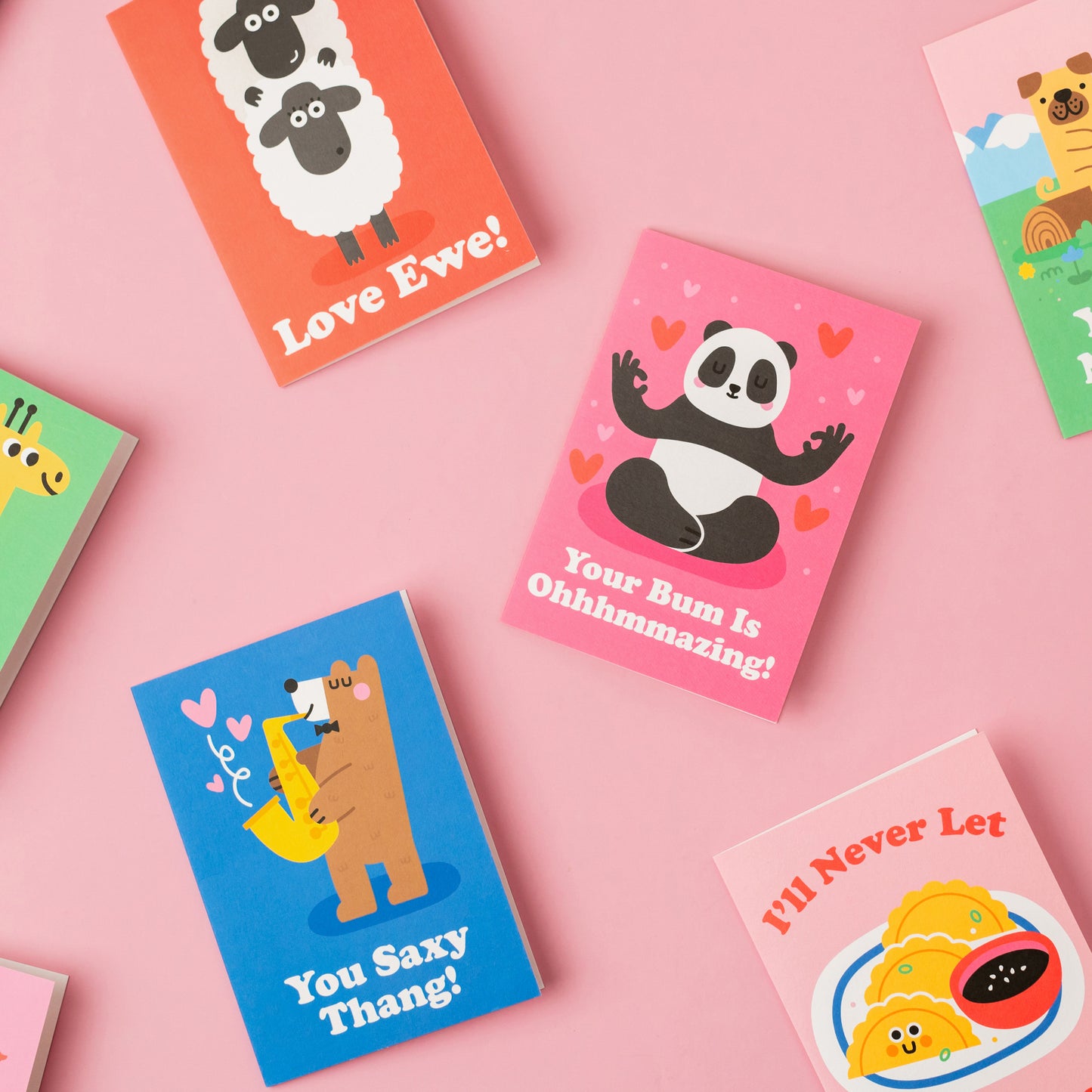 Valentine's day cards with cute animals on a pink background.