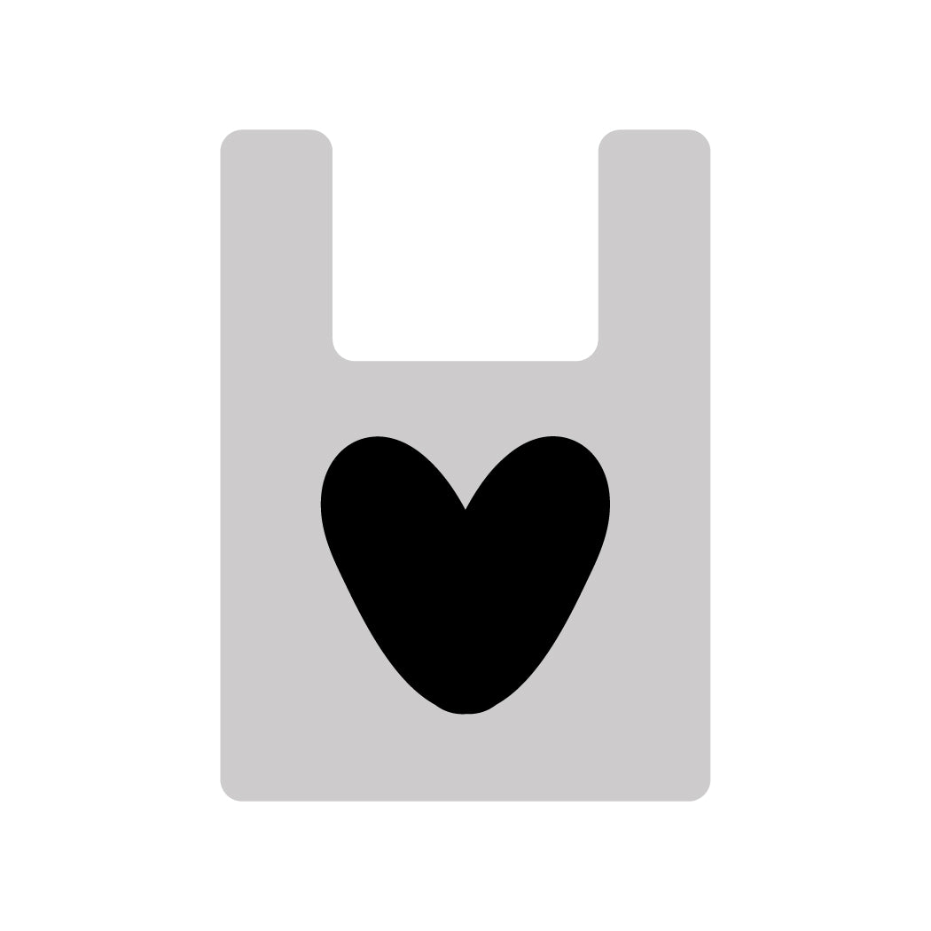 black and white illustration of a plastic carrier bag with love heart printed drawn on it
