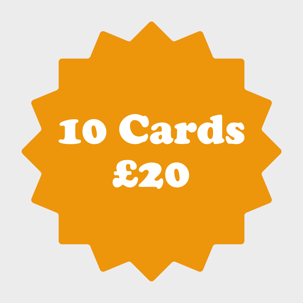 animation of orange label flashing with words 10 cards for £20