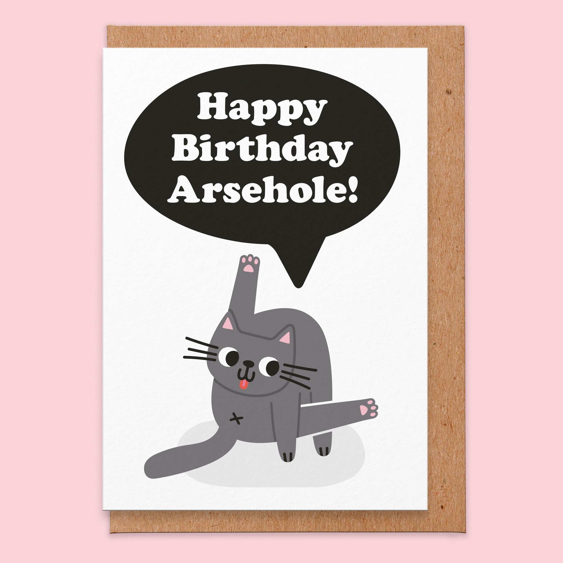 Birthday card that reads happy birthday arsehole and has an illustration of a grey cat licking it's bum.