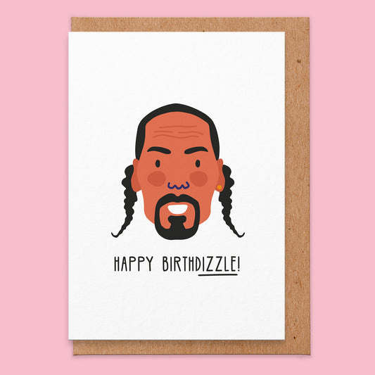 Greetings cards that reads happy birthdizzle with an illustration of American rapper.