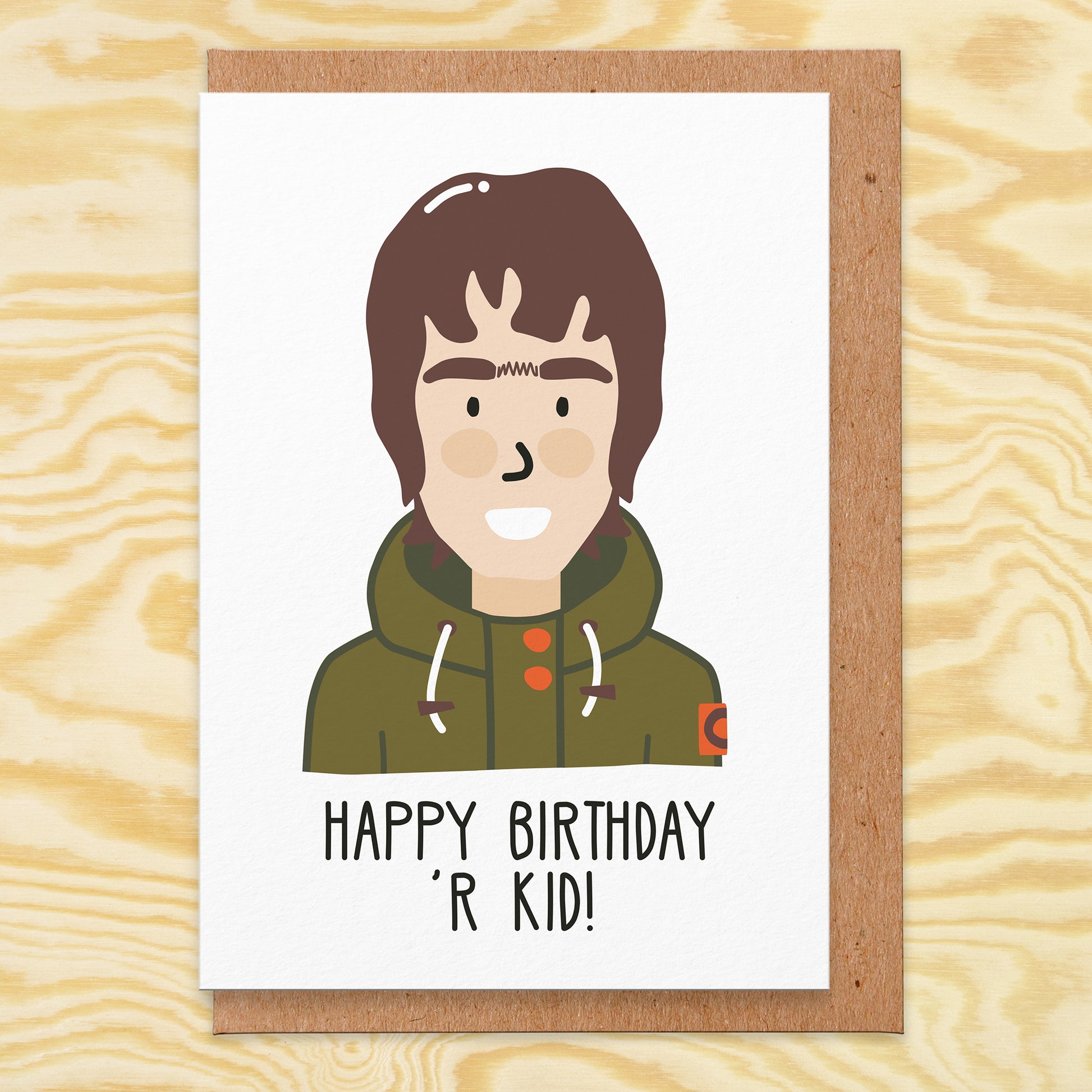 Birthday card with an illustration of LG on and the text reads happy birthday 'r kid!