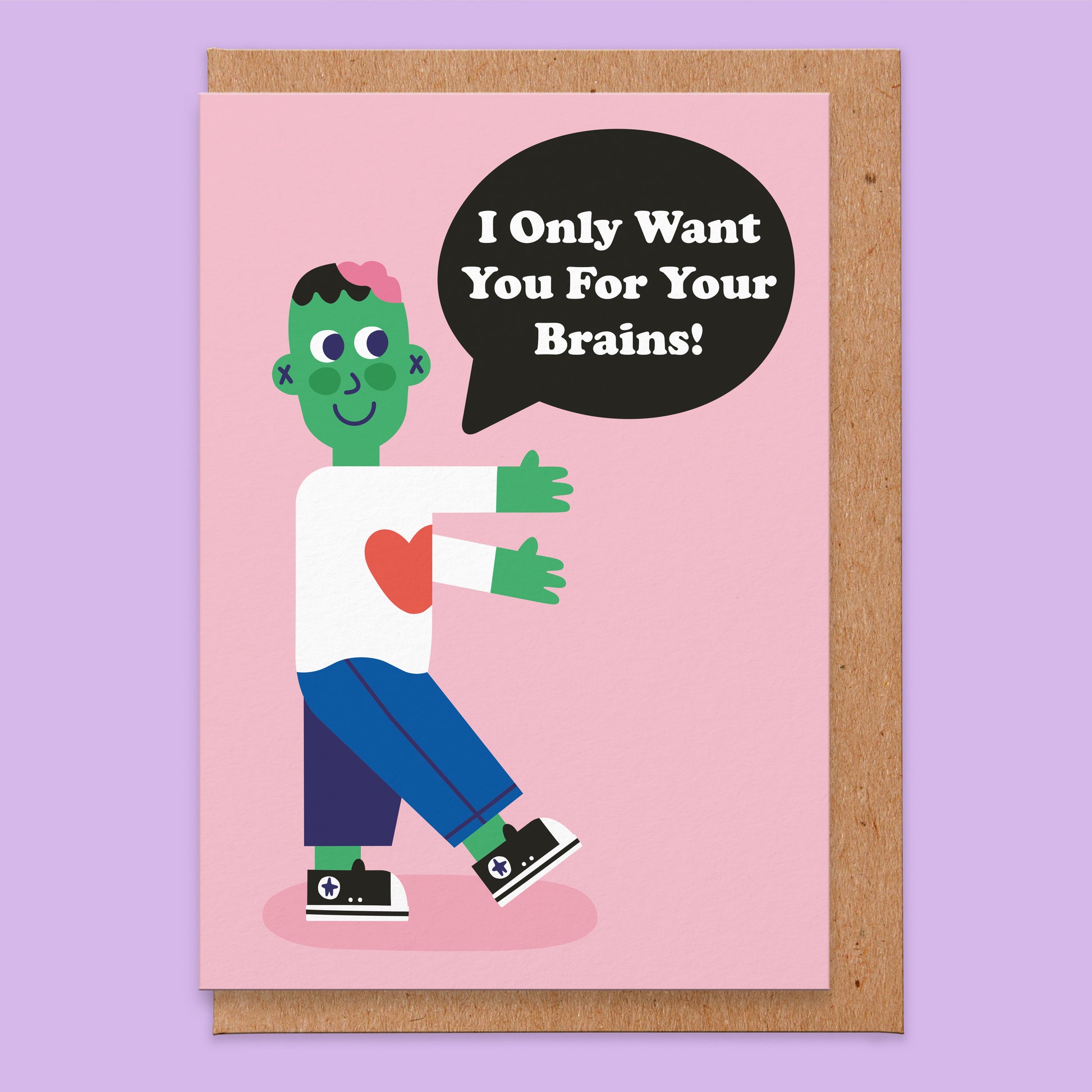 Love card with an illustration of a zombie who is saying I only want you for your brains!