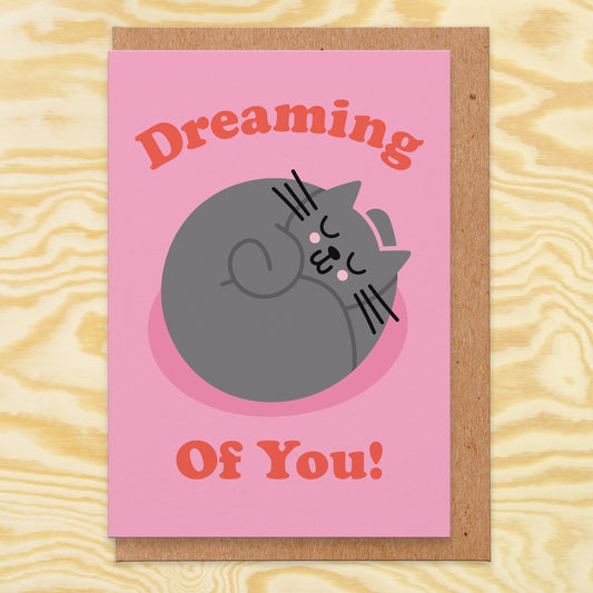 Love card with an illustration of a sleeping grey cat curled up in a ball and the text reads dreaming of you!