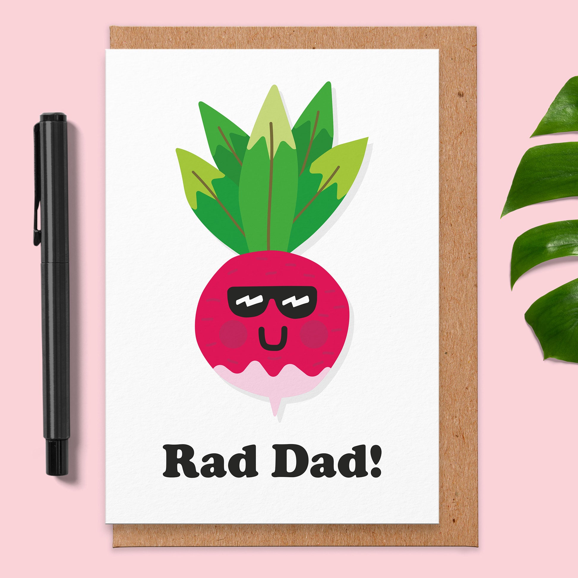 Father's Day card with an illustration of a radish wearing sunglasses and has a smile and reads Rad Dad!