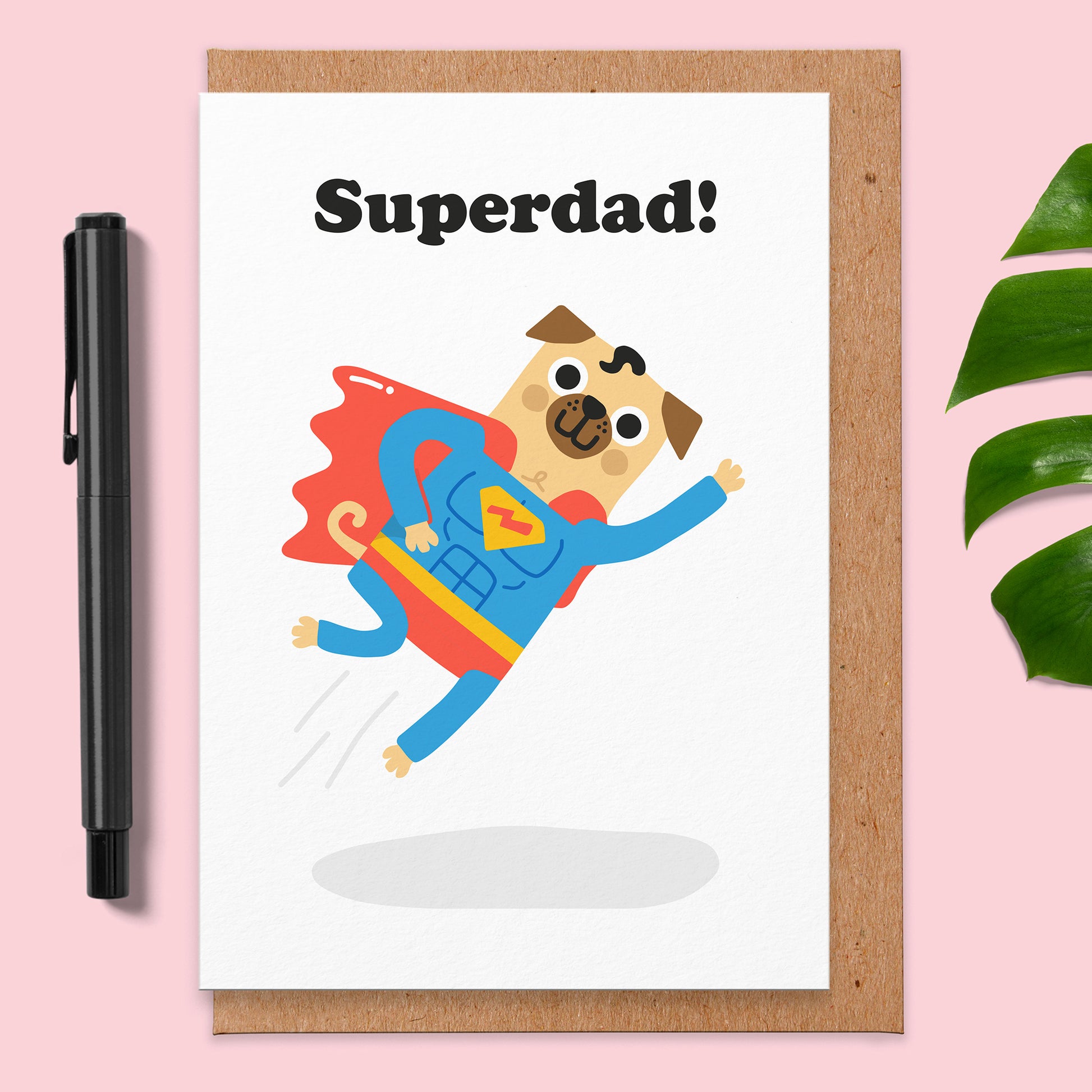 Father's Day card with an illustration of a pug in a superhero suit flying through the sky, it reads Supperdad!