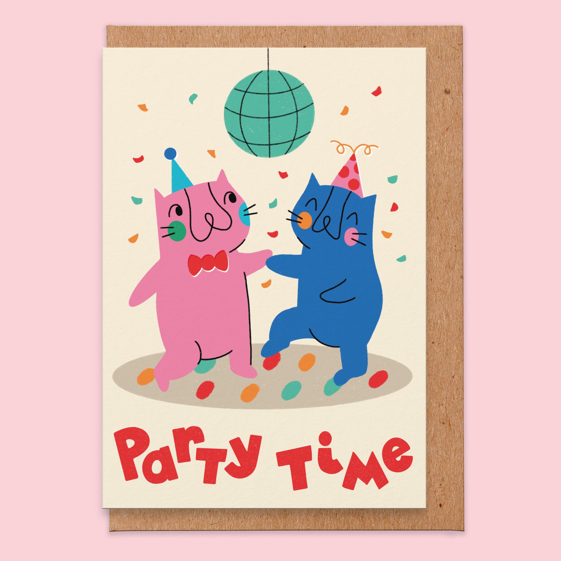 Birthday card that reads party time and has an illustration of two cats dancing under a disco ball.