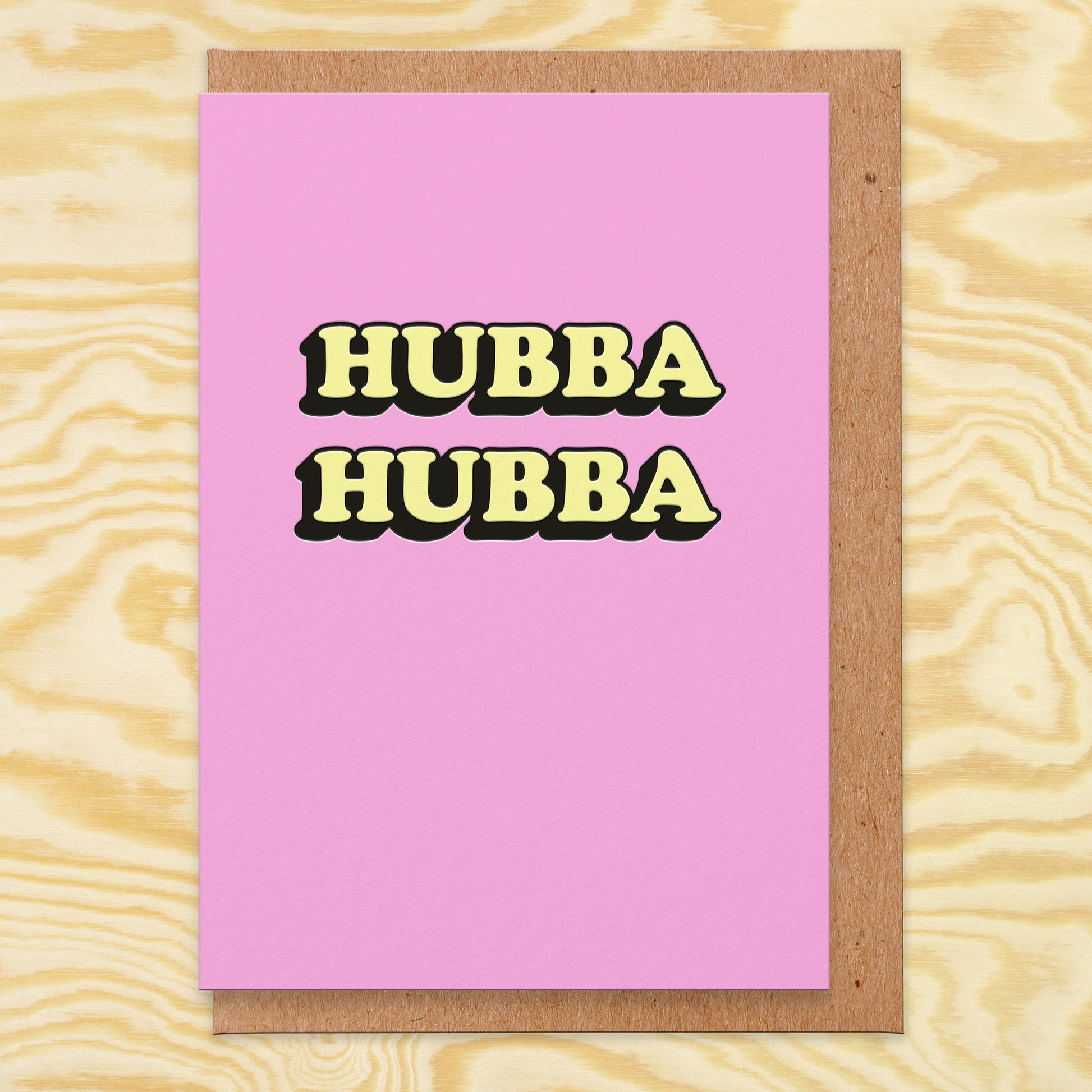 Love card that has the words hub hub in yellow on a bright pink background.