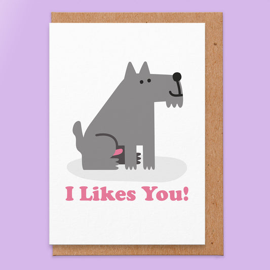 Love card with an illustration of a grey dog and you can see his lipstick. It reads I likes you!