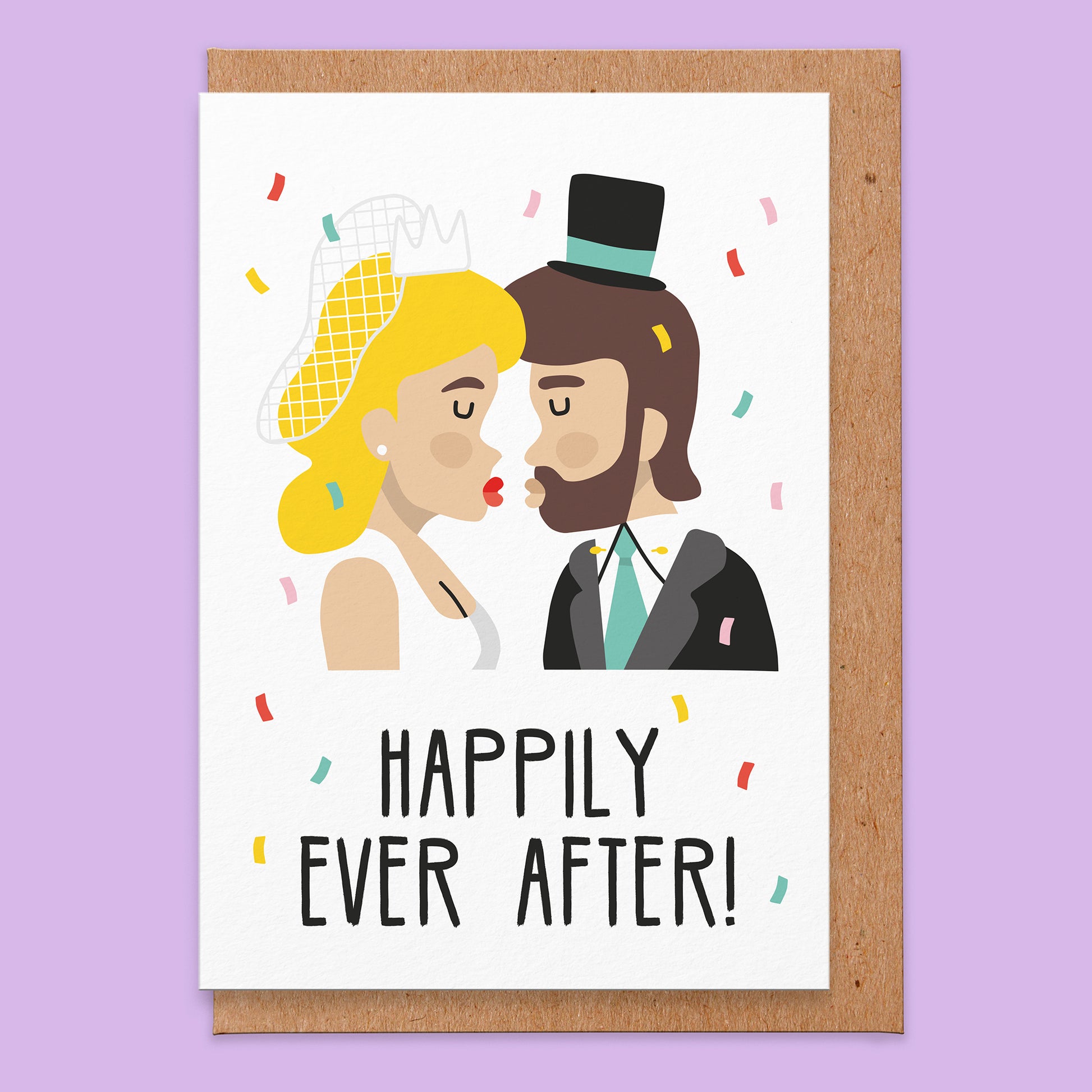 Wedding card that reads happily ever after with an illustration of a bride and groom on.