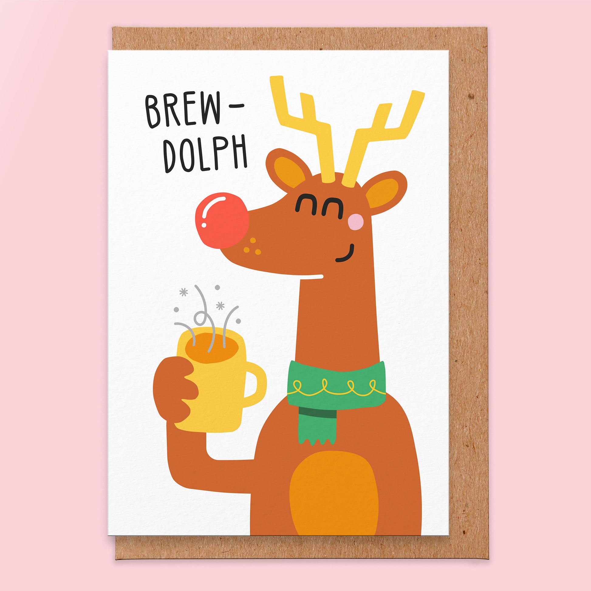 Christmas greetings card with an illustration of Rudolph drinking and it says Brew-Dolph