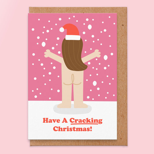 Christmas card that reads have a cracking christmas with an illustration of a naked lady from the back.