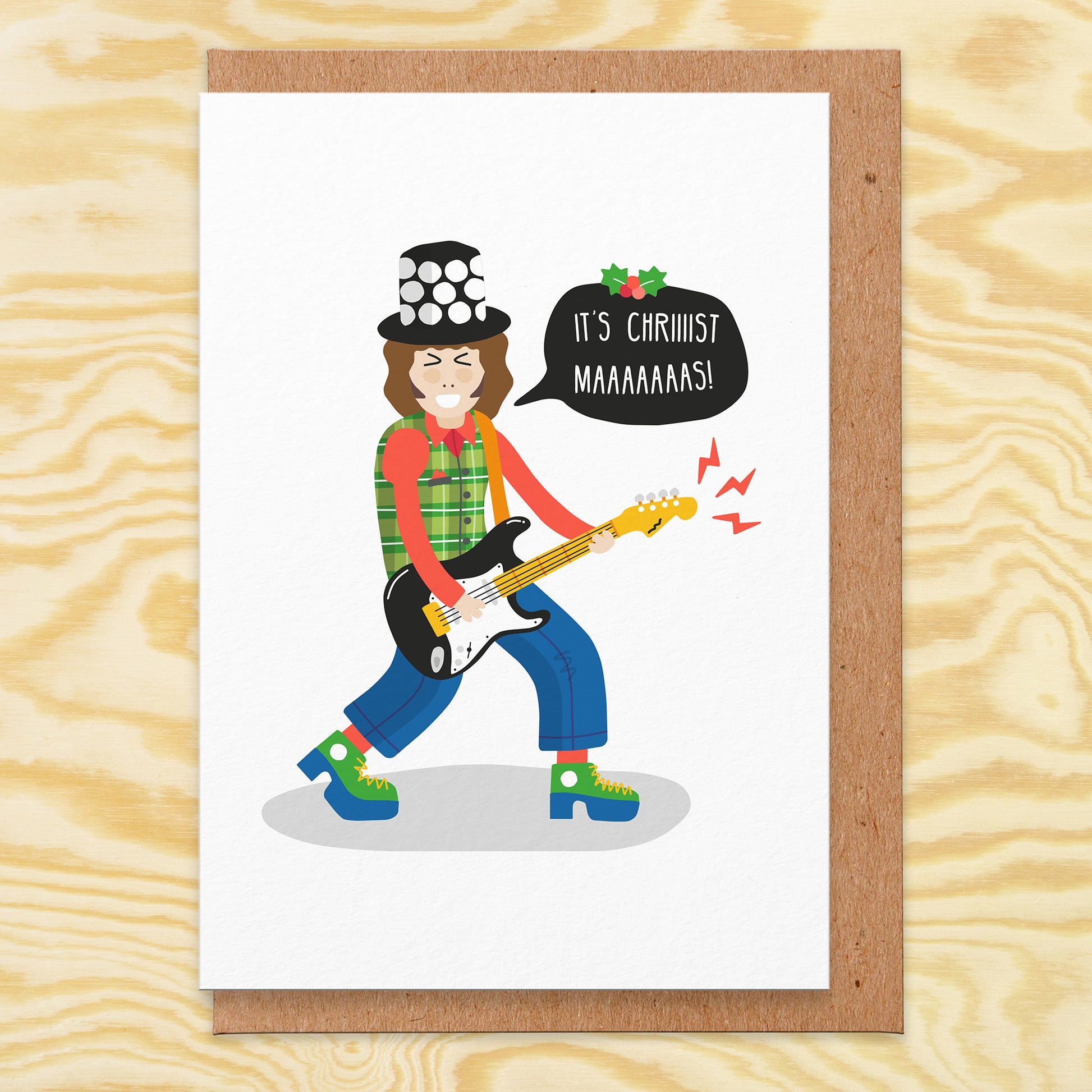 Christmas card with an illustration of Noddy Holder and he's saying it's Christmaaaaaaas!