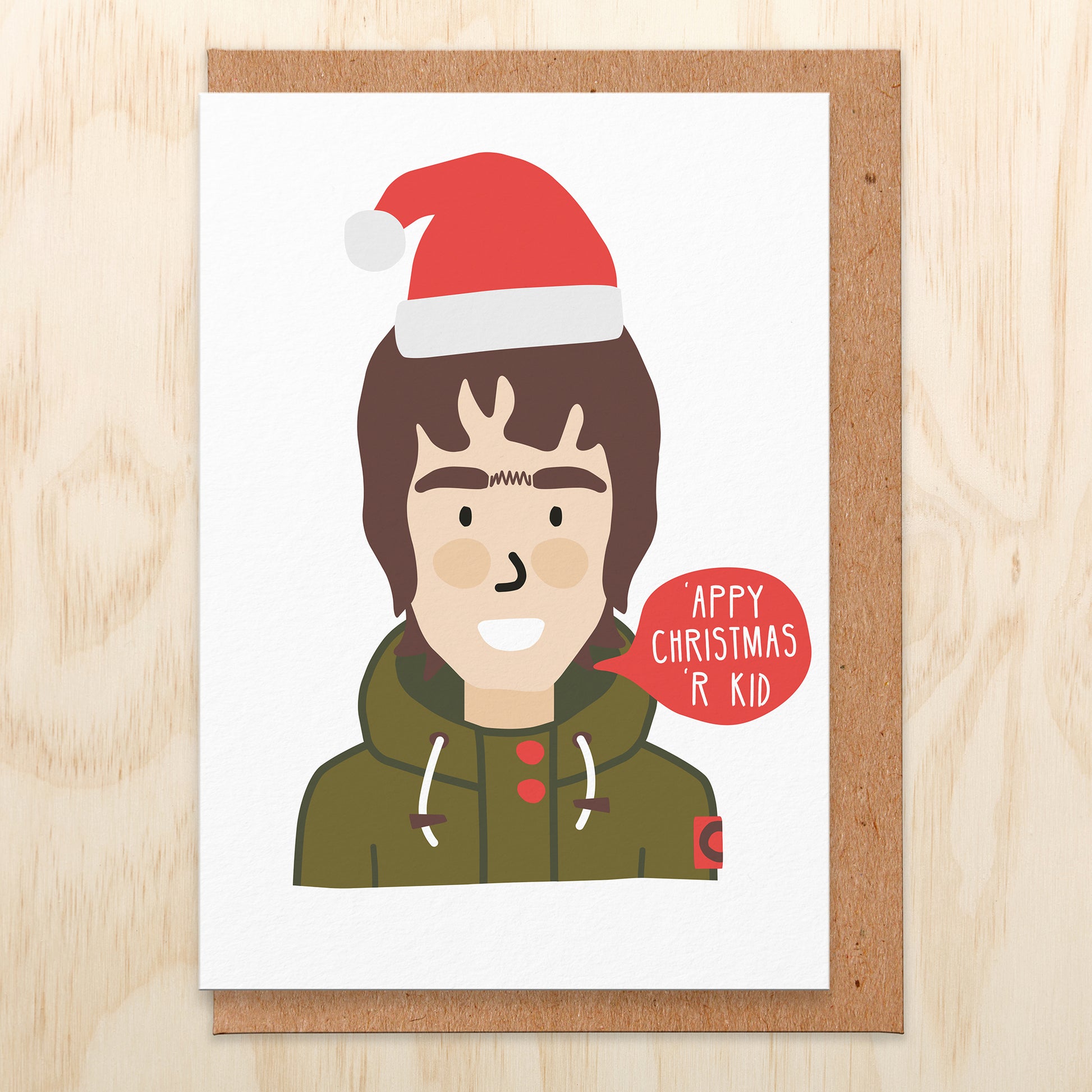 Christmas card with an illustration of LG wearing a Santa hat saying 'appy christmas 'r kid.